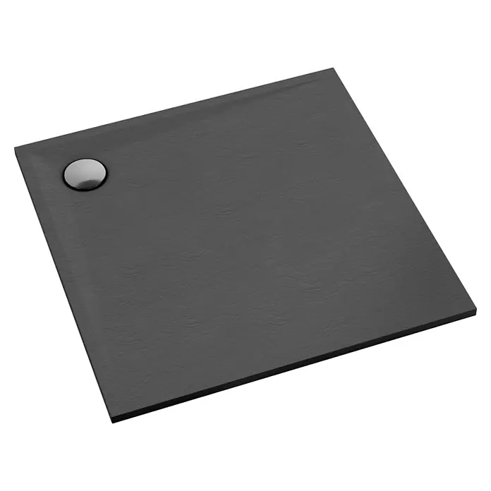 Duschboard Velto - L x B: 90 x 90 cm, Anthracite Stone, Materialspezifizierung: Mattierte Oberfläche mit Steinstruktur - Graue Duschwanne mit runder Ablaufgarnitur für ein modernes Badezimmer. Die Textur verleiht der Wanne eine elegante Optik.