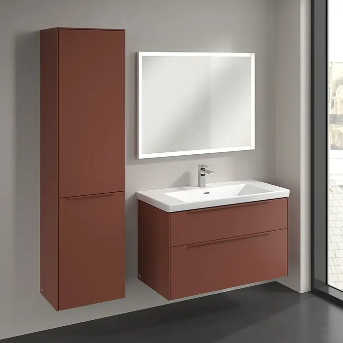 Villeroy & Boch Subway 3.0 Hochschrank - B x T x H: 40 x 36,2 x 171 cm, 1x Klappe mit Wäschekorb, 1x Tür, Wine Red, Farbe Griff: Wine Red, DIN Anschlag: Links - Stilvolles Badezimmer-Set in Terrakotta: Waschtisch mit Unterschrank und Hochschrank bieten elegante Stauraumlösungen.