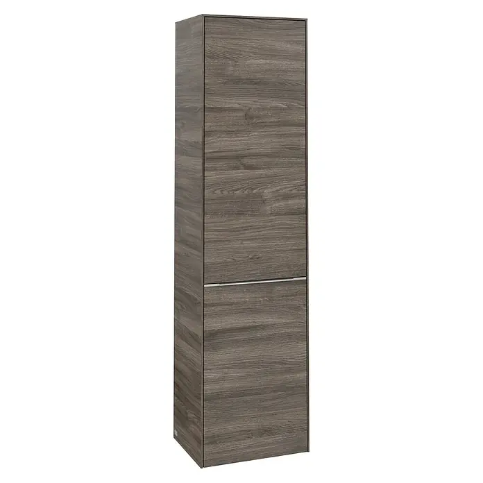 Villeroy & Boch Subway 3.0 Hochschrank - B x T x H: 40 x 36,2 x 171 cm, 1x Klappe mit Wäschekorb, 1x Tür, Stone Oak, Farbe Griff: Aluminium glänzend, DIN Anschlag: Rechts - Dunkelbrauner Holzschrank mit zwei Abschnitten und einem schlichten Griff, ideal für moderne Wohnräume.
