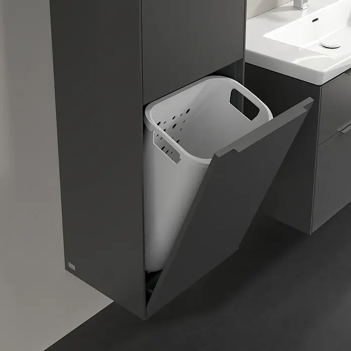 Villeroy & Boch Subway 3.0 Hochschrank - B x T x H: 40 x 36,2 x 171 cm, 1x Klappe mit Wäschekorb, 1x Tür, Graphite, Farbe Griff: Graphite, DIN Anschlag: Links - Moderne Badezimmereinrichtung mit integriertem, ausziehbarem Wäschekorb in Grau. Praktische und stilvolle Lösung für das Bad.