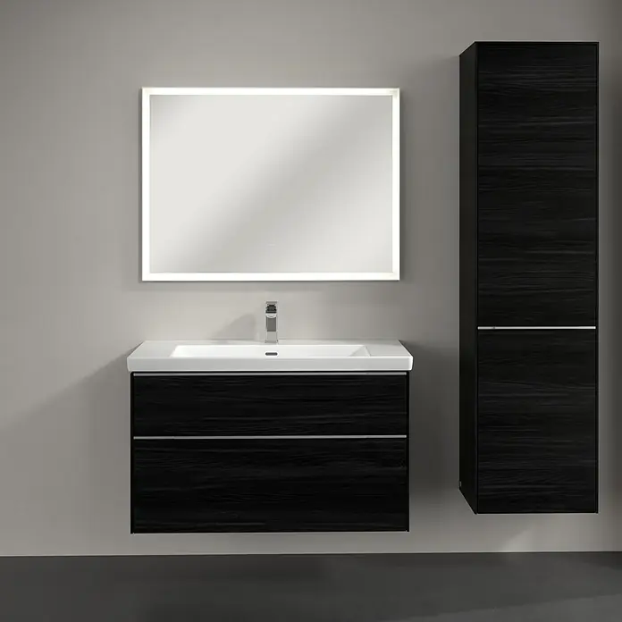 Villeroy & Boch Subway 3.0 Hochschrank - B x T x H: 40 x 36,2 x 171 cm, 1x Klappe mit Wäschekorb, 1x Tür, Black Oak, Farbe Griff: Aluminium glänzend, DIN Anschlag: Rechts - Elegantes Badezimmer-Set in Schwarz mit LED-beleuchtetem Spiegel und passendem Hochschrank für stilvolle Badgestaltung.