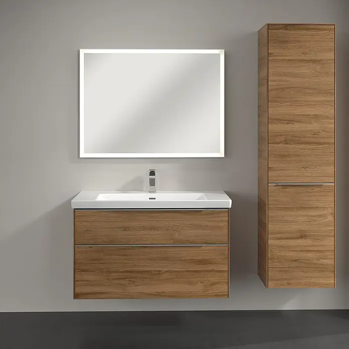 Villeroy & Boch Subway 3.0 Hochschrank - B x T x H: 40 x 36,2 x 171 cm, 1x Klappe mit Wäschekorb, 1x Tür, Kansas Oak, Farbe Griff: Aluminium glänzend, DIN Anschlag: Rechts - Modernes Badezimmer-Set mit Waschtischunterschrank, Aufsatzwaschbecken und beleuchtetem Spiegel. Der Hochschrank bietet zusätzlichen Stauraum.