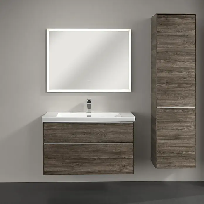 Villeroy & Boch Subway 3.0 Hochschrank - B x T x H: 40 x 36,2 x 171 cm, 1x Klappe mit Wäschekorb, 1x Tür, Stone Oak, Farbe Griff: Aluminium glänzend, DIN Anschlag: Rechts - Badezimmer-Set mit Waschtischunterschrank, Spiegel mit Beleuchtung und Hochschrank in Holzoptik für ein modernes Ambiente.