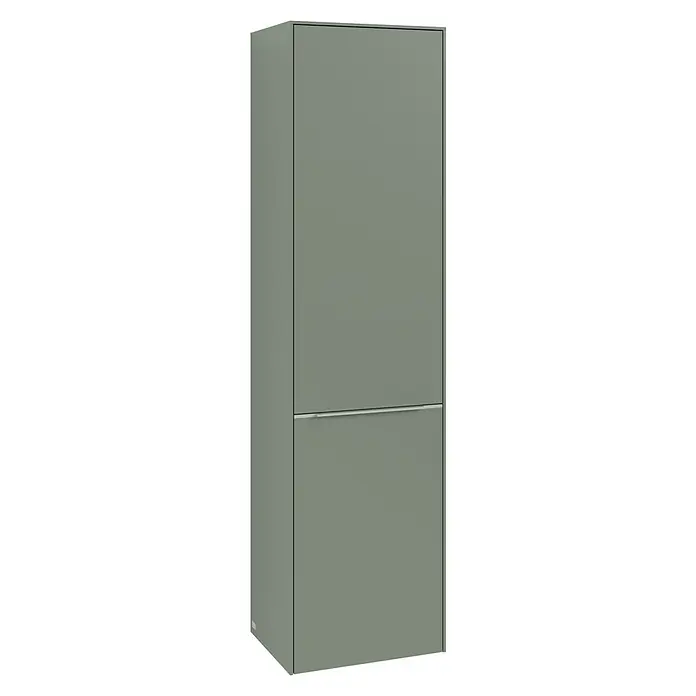 Villeroy & Boch Subway 3.0 Hochschrank - B x T x H: 40 x 36,2 x 171 cm, 1x Klappe mit Wäschekorb, 1x Tür, Soft Green, Farbe Griff: Aluminium glänzend, DIN Anschlag: Rechts - Moderne, graue Kommode mit zwei Schubladen und schlichtem, elegantem Design. Ideal für stilvolle Stauraumlösungen in jedem Raum.