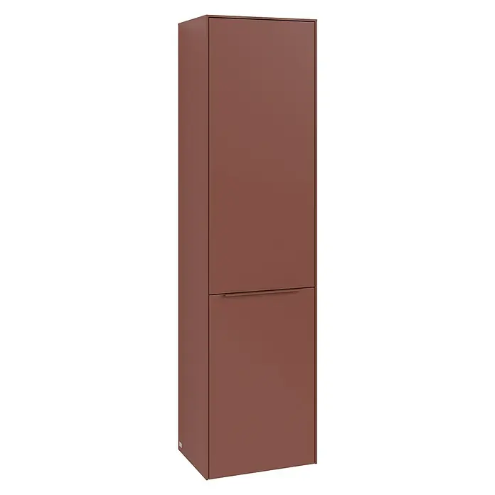 Villeroy & Boch Subway 3.0 Hochschrank - B x T x H: 40 x 36,2 x 171 cm, 1x Klappe mit Wäschekorb, 1x Tür, Wine Red, Farbe Griff: Wine Red, DIN Anschlag: Links - Brauner Hochschrank mit zwei Türen und minimalistischen Griffen, ideal für moderne Badezimmer oder Wohnbereiche. Stilvolles und funktionales Design.