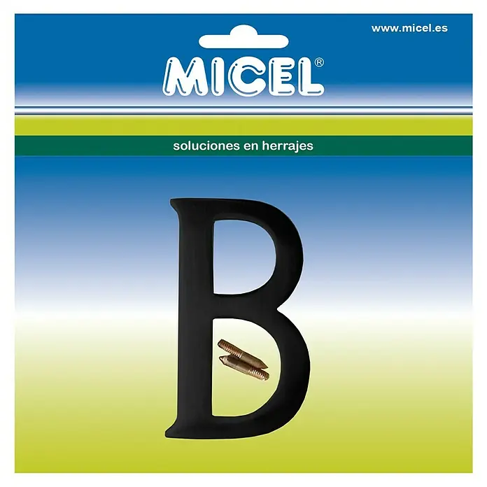 Micel Letra decorativa en 3D 10 cm - B, Negro - Primer plano de una placa de puerta MICEL letra "B" en negro, incluyendo tornillos a juego, presentado sobre un fondo de color.