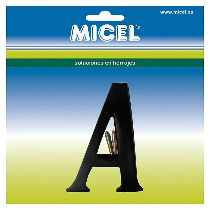 Micel Letra decorativa en 3D 10 cm - A, Negro - Primer plano de una letra "A" de MICEL en negro con dos tornillos, presentada en un embalaje colorido para soluciones de ferretería.