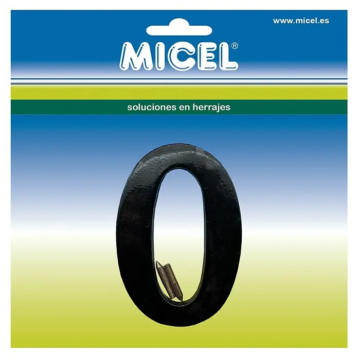 Micel Número 10 cm - 0, Negro - Primer plano del número de casa negro cero de Micel, incluyendo herrajes de montaje, en el embalaje del producto.