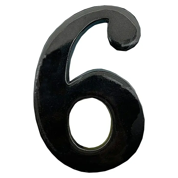 Micel Número 10 cm - 9, Negro - Primer plano de un número de casa "6" negro brillante que ofrece elegancia y modernidad para cualquier fachada.