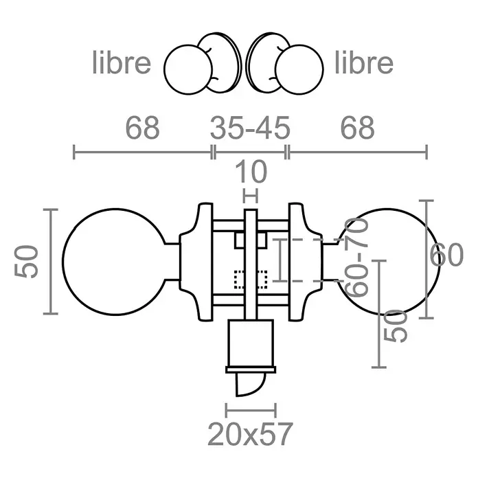 Micel Brimic Pomo giratorio de paso - Acero inoxidable - Vista del producto: Dibujo esquemático de una lámpara con sus dimensiones asociadas.