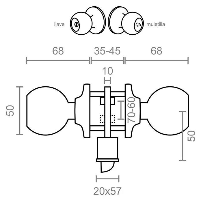 Micel Brimic Pomo giratorio de entrada PP7 - Acero inoxidable, Blanco - Esquema de una manija de puerta con las dimensiones del pomo, la cerradura y la llave, presentado en un diagrama técnico.