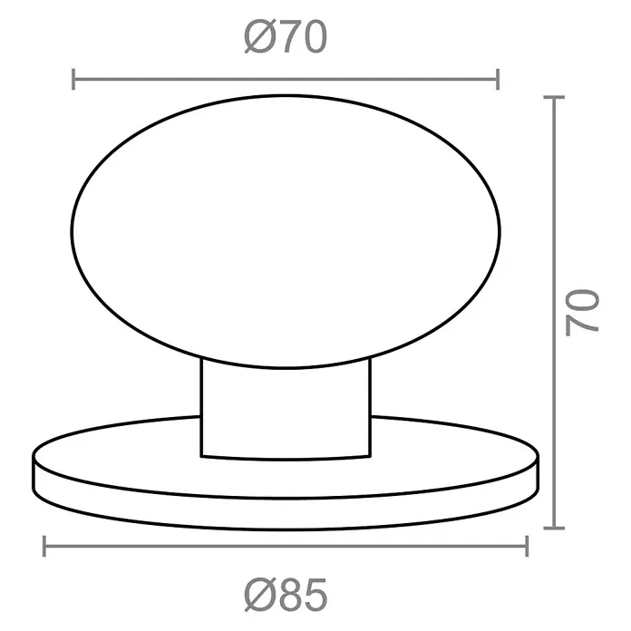 Micel Pomo giratorio 10009 - Latón - Ilustración de un pomo con dimensiones Ø70 mm en la parte superior, 70 mm de alto y Ø85 mm en la parte inferior.