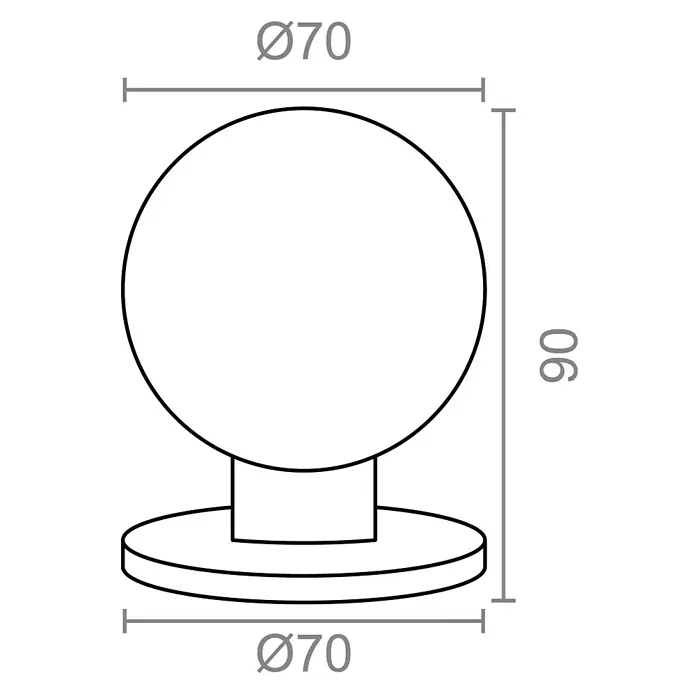 Micel Pomo giratorio 10001 - Acero inoxidable - Esquema de una lámpara de mesa moderna con pantalla esférica y base circular, dimensiones Ø70 y 90.