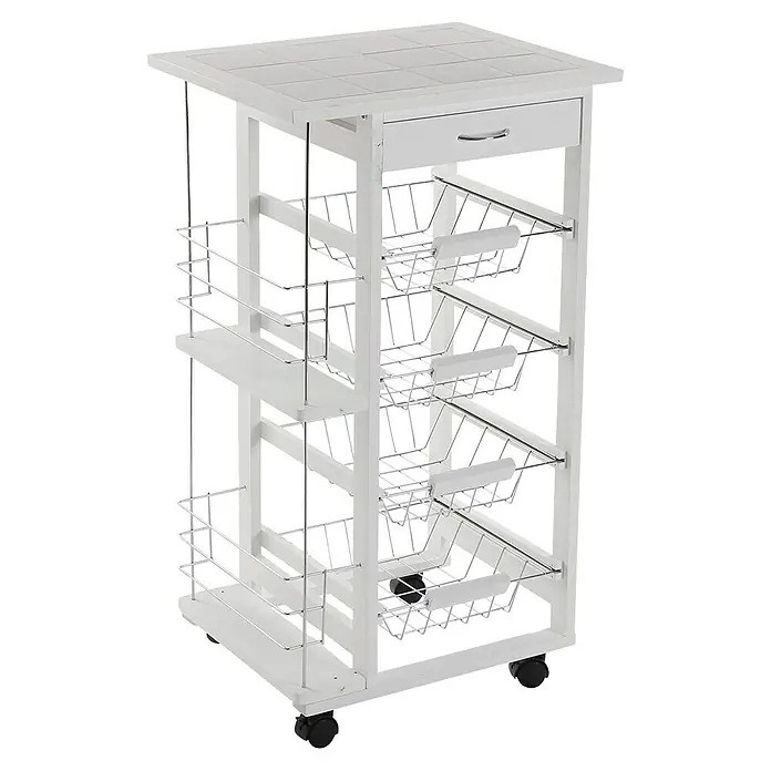 Versa Carro de cocina - L x An x Al: 47 x 37 x 84 cm, Blanco - Carrito de cocina blanco con cajón, estante y tres cestas metálicas. Amplio espacio y uso flexible gracias a las ruedas.