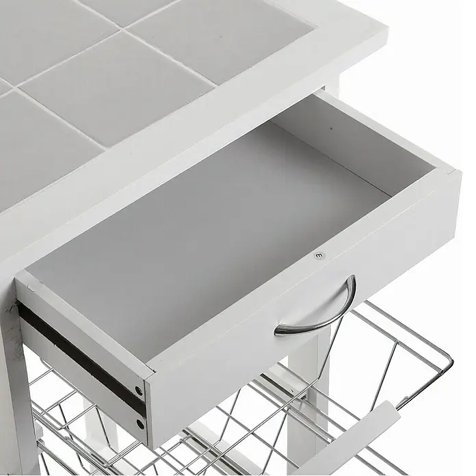 Versa Carro de cocina - L x An x Al: 47 x 37 x 84 cm, Blanco - Un carro de cocina blanco abierto con un cajón y una cesta de alambre debajo para almacenamiento adicional en la cocina.