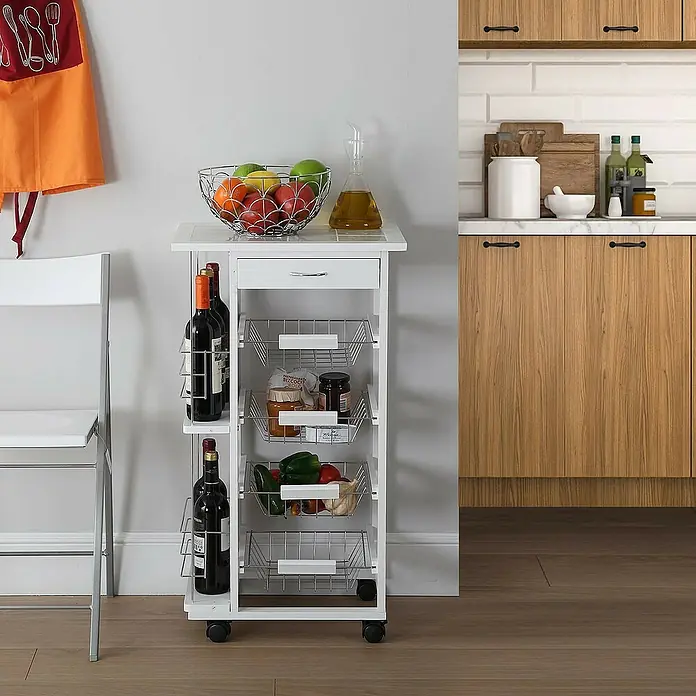 Versa Carro de cocina - L x An x Al: 47 x 37 x 84 cm, Blanco - Carro de cocina con encimera de azulejos, botellero y cestas de alambre para frutas y verduras. Práctico y elegante.