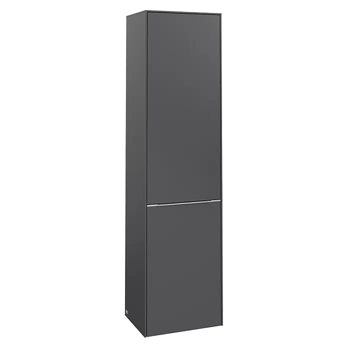 Villeroy & Boch Subway 3.0 Hochschrank - B x T x H: 40 x 36,2 x 171 cm, 1x Klappe mit Wäschekorb, 1x Tür, Graphite, Farbe Griff: Aluminium glänzend, DIN Anschlag: Rechts - Ein schmaler, grauer zweitüriger Schrank mit klaren Linien, ideal für moderne Einrichtungen. Er bietet stilvollen Stauraum.
