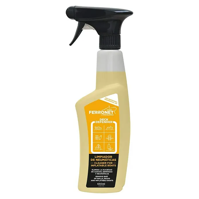 Minea Limpiador de embarcaciones Ferronet® Deck Defender - 650 ml - Imagen de un spray con limpiador para embarcaciones neumáticas, cubiertas y cascos que elimina la suciedad y está destinado a uso profesional.