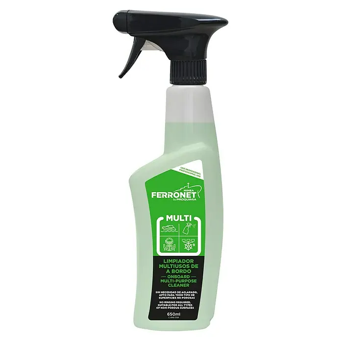 Minea Limpiador desengrasante Ferronet® - Limpiador multiusos de a bordo, 650 ml - Imagen de un pulverizador de Ferronet Multi-Cleaner para uso en embarcaciones, ideal para limpiar superficies no porosas.