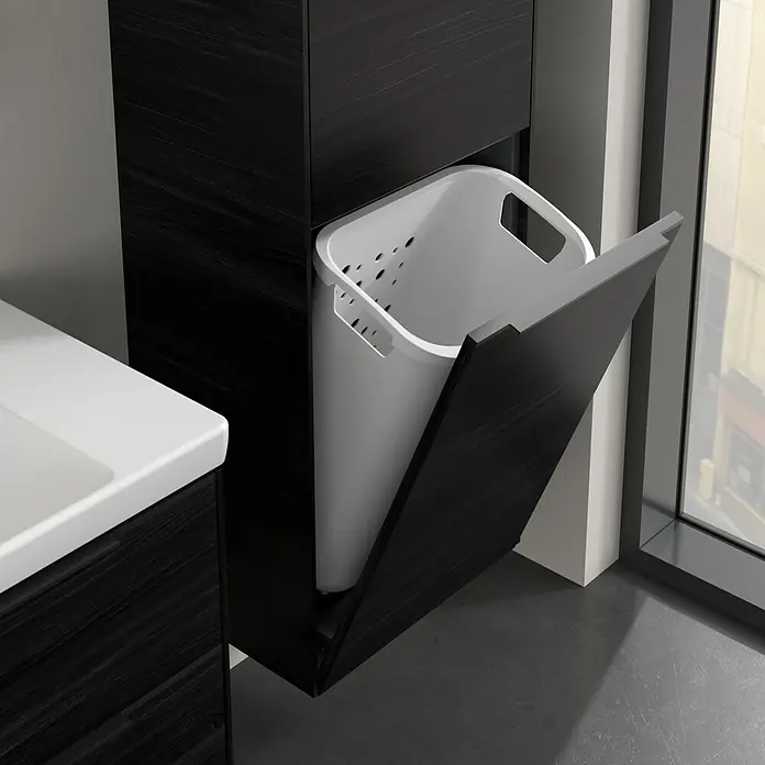 Villeroy & Boch Subway 3.0 Hochschrank - B x T x H: 40 x 36,2 x 171 cm, 1x Klappe mit Wäschekorb, 1x Tür, Black Oak, Farbe Griff: Volcano black, DIN Anschlag: Rechts - Ein moderner, schwarzer Waschtischunterschrank mit einer ausziehbaren Wäschetonne aus Kunststoff, ideal für Badezimmer.