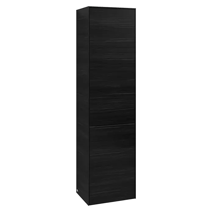 Villeroy & Boch Subway 3.0 Hochschrank - B x T x H: 40 x 36,2 x 171 cm, 1x Klappe mit Wäschekorb, 1x Tür, Black Oak, Farbe Griff: Volcano black, DIN Anschlag: Rechts - Elegantes, dunkles Holzregal. Das schlichte Design und die feine Holzmaserung machen es zu einem vielseitigen Möbelstück.
