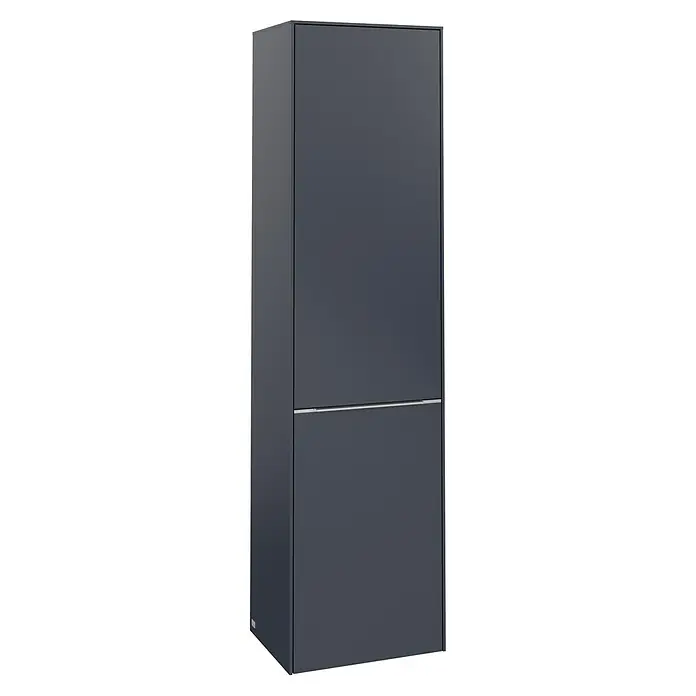 Villeroy & Boch Subway 3.0 Hochschrank - B x T x H: 40 x 36,2 x 171 cm, 1x Klappe mit Wäschekorb, 1x Tür, Marine Blue, Farbe Griff: Aluminium glänzend, DIN Anschlag: Rechts - Elegantes, graues Möbelstück mit zwei Schubladen und minimalistischem Design, ideal für moderne Wohnräume, bietet stilvollen Stauraum.