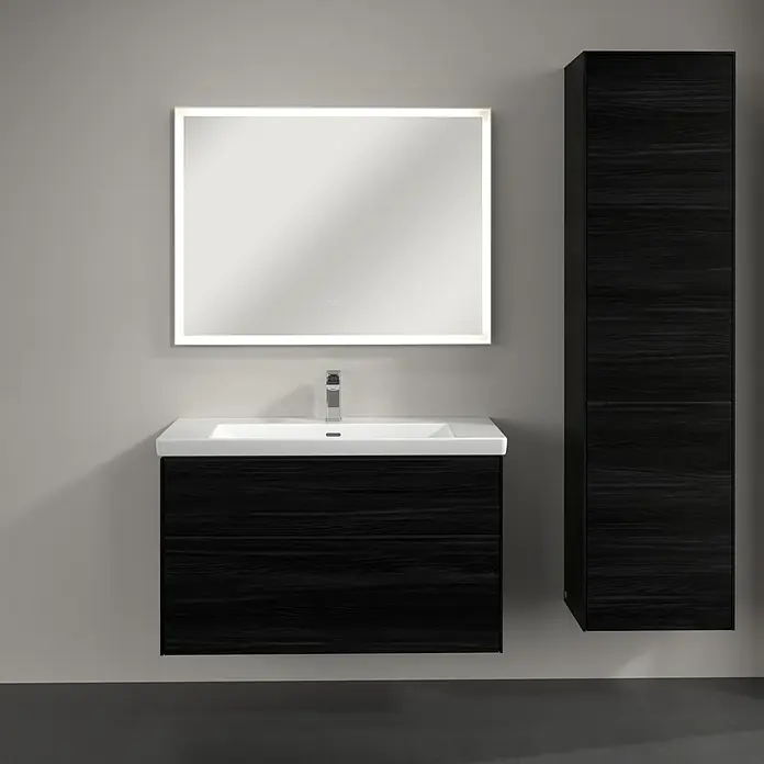 Villeroy & Boch Subway 3.0 Hochschrank - B x T x H: 40 x 36,2 x 171 cm, 1x Klappe mit Wäschekorb, 1x Tür, Black Oak, Farbe Griff: Volcano black, DIN Anschlag: Rechts - Modernes Badezimmer-Set mit Waschtischunterschrank, Spiegel mit Beleuchtung und Hochschrank in edlem Schwarz. Stilvolle Badmöbel für Ihr Zuhause.