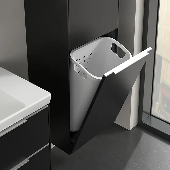 Villeroy & Boch Subway 3.0 Hochschrank - B x T x H: 40 x 36,2 x 171 cm, 1x Klappe mit Wäschekorb, 1x Tür, Volcano Black, Farbe Griff: Aluminium glänzend, DIN Anschlag: Rechts - Schwarzer Badezimmerschrank mit ausziehbarem Wäschekorb. Praktische Aufbewahrungslösung für moderne Badezimmer mit weißem Wäschekorb.