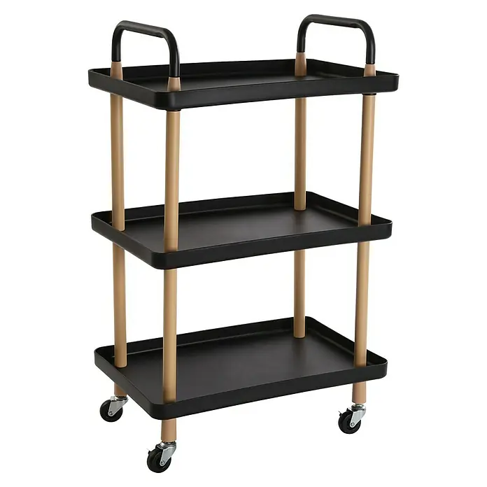 Versa Carro de cocina - L x An x Al: 53,5 x 36 x 85 cm, Negro - Carrito negro con tres estantes y estructura de madera clara. Un carrito de servicio práctico y elegante para el hogar moderno.