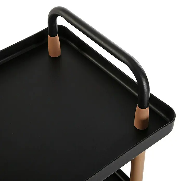 Versa Carro de cocina - L x An x Al: 53,5 x 36 x 85 cm, Negro - Primer plano de un carrito de servicio negro con asas. El diseño moderno lo convierte en un mueble elegante para cualquier hogar.