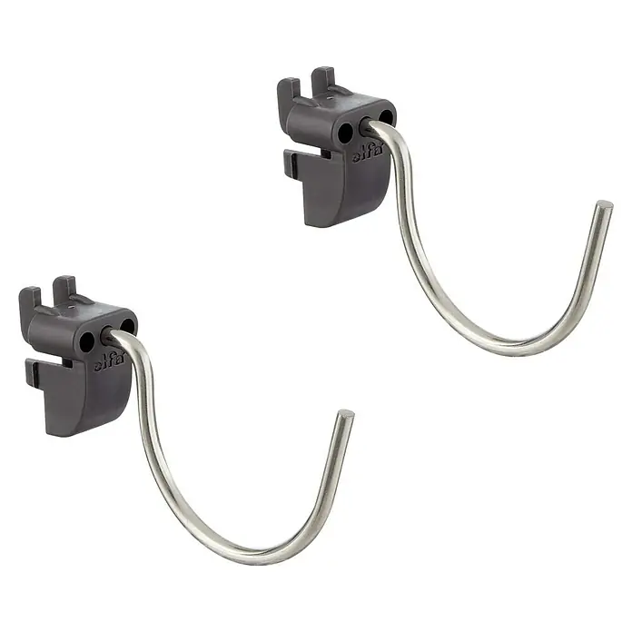 Elfa Garage+ by Elfa Haken - L x H: 9,2 x 2,1 cm, Metall - Elfa Utility-Haken mit grauer Halterung zur Befestigung an einem Elfa-Aufhängesystem, ideal für die Aufbewahrung.