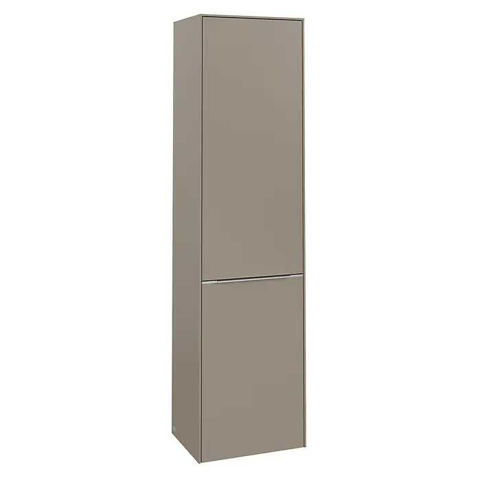 Villeroy & Boch Subway 3.0 Hochschrank - B x T x H: 40 x 36,2 x 171 cm, 1x Klappe mit Wäschekorb, 1x Tür, Taupe, Farbe Griff: Aluminium glänzend, DIN Anschlag: Rechts - Ein eleganter, beiger Kühlschrank mit minimalistischem Design, perfekt für moderne Küchen. Er bietet stilvolle Funktionalität für die Lebensmittelaufbewahrung.