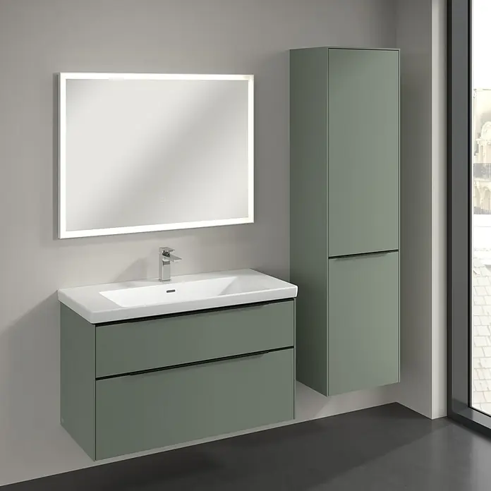 Villeroy & Boch Subway 3.0 Hochschrank - B x T x H: 40 x 36,2 x 171 cm, 1x Klappe mit Wäschekorb, 1x Tür, Soft Green, Farbe Griff: Volcano black, DIN Anschlag: Rechts - Modernes Badezimmer-Set mit Unterschrank, Waschbecken, Spiegelschrank mit Beleuchtung und Hochschrank in elegantem Design.