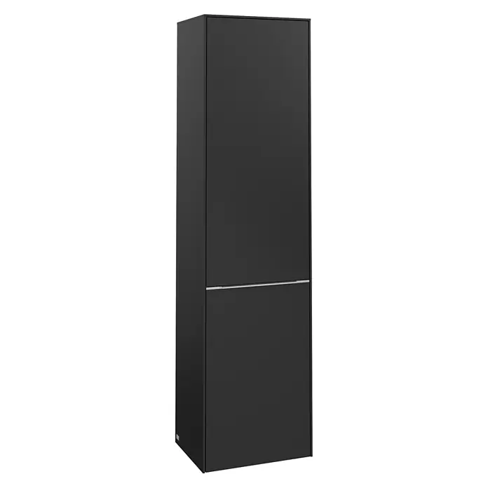 Villeroy & Boch Subway 3.0 Hochschrank - B x T x H: 40 x 36,2 x 171 cm, 1x Klappe mit Wäschekorb, 1x Tür, Volcano Black, Farbe Griff: Aluminium glänzend, DIN Anschlag: Rechts - Schwarzer Kühlschrank mit zwei Türen und silbernem Griff. Das Gerät ist modern und minimalistisch gestaltet, ideal für jede Küche.