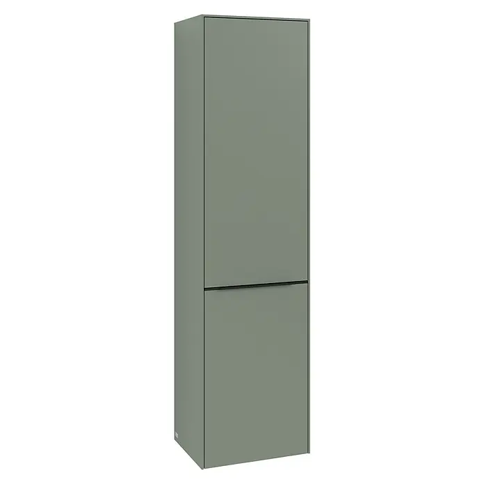 Villeroy & Boch Subway 3.0 Hochschrank - B x T x H: 40 x 36,2 x 171 cm, 1x Klappe mit Wäschekorb, 1x Tür, Soft Green, Farbe Griff: Volcano black, DIN Anschlag: Rechts - Grauer Kühlschrank mit zwei Türen. Das Kühlgerät bietet Stauraum für Lebensmittel und Getränke mit einem schlichten, modernen Design.