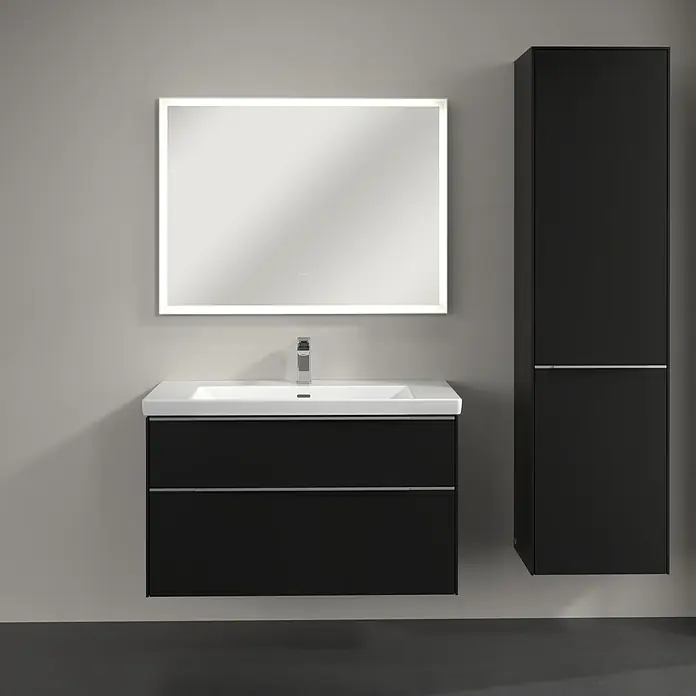 Villeroy & Boch Subway 3.0 Hochschrank - B x T x H: 40 x 36,2 x 171 cm, 1x Klappe mit Wäschekorb, 1x Tür, Volcano Black, Farbe Griff: Aluminium glänzend, DIN Anschlag: Rechts - Modernes Badezimmer-Set mit Waschbeckenunterschrank, Waschtisch und beleuchtetem Spiegel in Schwarz.