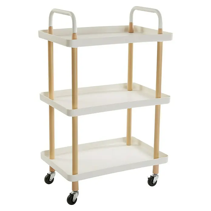 Versa Carro de cocina - L x An x Al: 53,5 x 36 x 85 cm, Blanco - Este artículo muestra un carrito de servicio de tres niveles con un marco claro y detalles de madera. El carro está sobre ruedas e ideal para transportar alimentos y bebidas.