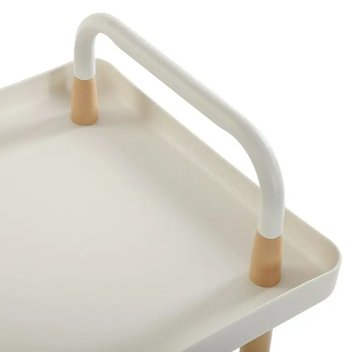 Versa Carro de cocina - L x An x Al: 53,5 x 36 x 85 cm, Blanco - Primer plano de un carrito de servicio blanco con asas de madera, resaltando el diseño elegante y la funcionalidad del producto.