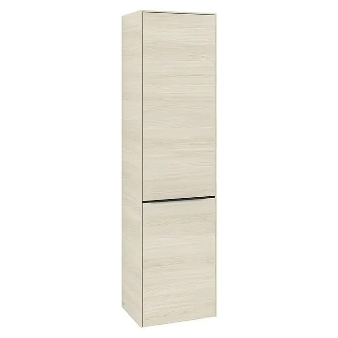 Villeroy & Boch Subway 3.0 Hochschrank - B x T x H: 40 x 36,2 x 171 cm, 1x Klappe mit Wäschekorb, 1x Tür, White Oak, Farbe Griff: Volcano black, DIN Anschlag: Rechts - Elegantes Hochschrankdesign in heller Holzoptik. Das moderne Möbelstück besticht durch seine schlichte Eleganz und Funktionalität.