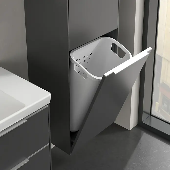 Villeroy & Boch Subway 3.0 Hochschrank - B x T x H: 40 x 36,2 x 171 cm, 1x Klappe mit Wäschekorb, 1x Tür, Graphite, Farbe Griff: Aluminium glänzend, DIN Anschlag: Rechts - Schrank mit integriertem, ausziehbarem Wäschekorb. Praktische Lösung für Bad oder Waschküche zur diskreten Aufbewahrung von Wäsche.