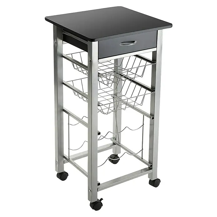 Versa Carro de cocina - L x An x Al: 40 x 40 x 82 cm, Negro - Carro de cocina con cajón, cestas de almacenamiento y botellero para una organización elegante.