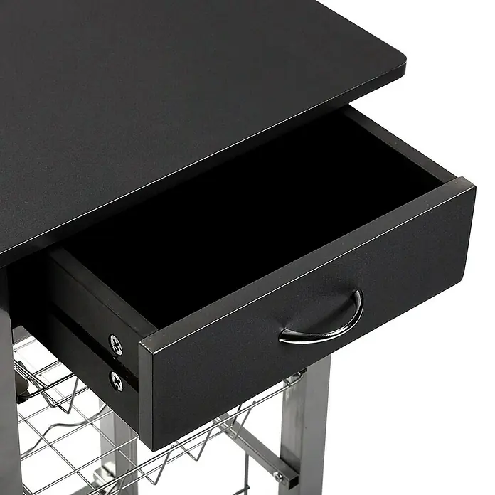 Versa Carro de cocina - L x An x Al: 40 x 40 x 82 cm, Negro - Vista detallada de un carrito de servicio negro con un cajón abierto con tirador cromado y una estantería de alambre debajo.