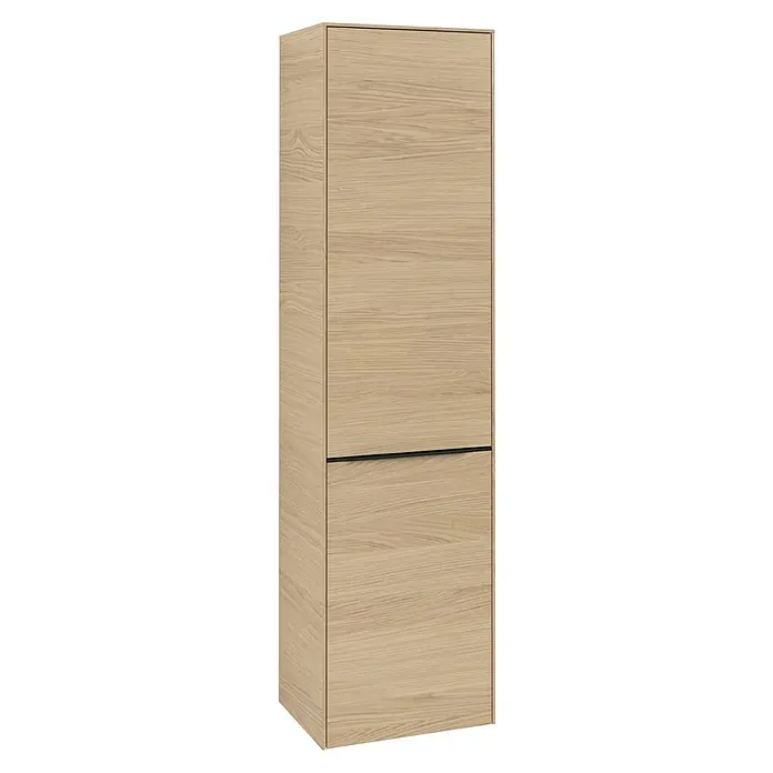 Villeroy & Boch Subway 3.0 Hochschrank - B x T x H: 40 x 36,2 x 171 cm, 1x Klappe mit Wäschekorb, 1x Tür, Nordik oak, Farbe Griff: Volcano black, DIN Anschlag: Rechts - Heller Holzschrank mit zwei Fächern und schlichtem Design, ideal für moderne Einrichtungen. Stauraum bietet dieser elegante Holzschrank.