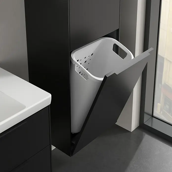 Villeroy & Boch Subway 3.0 Hochschrank - B x T x H: 40 x 36,2 x 171 cm, 1x Klappe mit Wäschekorb, 1x Tür, Volcano Black, Farbe Griff: Volcano black, DIN Anschlag: Rechts - Schwarzer Badezimmerschrank mit ausziebarem, weißem Wäschekorb. Elegantes Design für moderne Bäder.