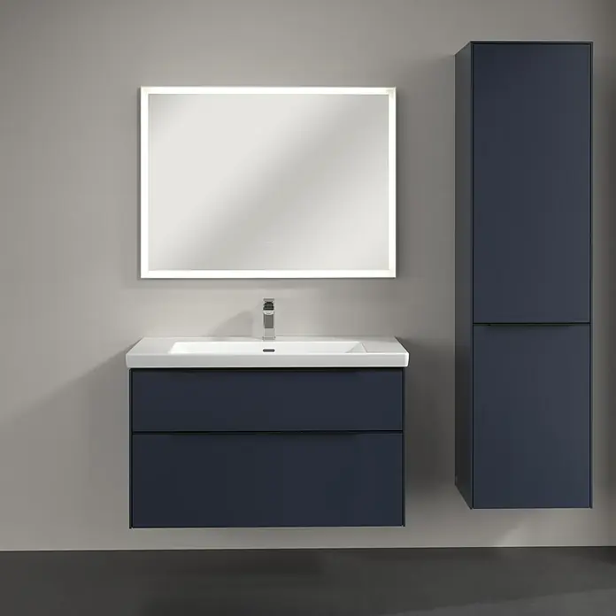 Villeroy & Boch Subway 3.0 Hochschrank - B x T x H: 40 x 36,2 x 171 cm, 1x Klappe mit Wäschekorb, 1x Tür, Marine Blue, Farbe Griff: Volcano black, DIN Anschlag: Rechts - Ein modernes Badezimmer-Waschbecken mit Unterschrank und Spiegelschrank in stilvollem Design, ideal für moderne Bäder.