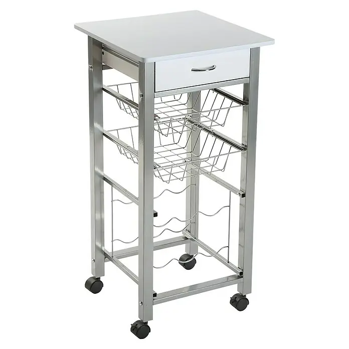 Versa Carro de cocina - L x An x Al: 40 x 40 x 82 cm, Blanco - Un carrito de cocina plateado con cajón, cestas de alambre y botellero. Almacenamiento versátil para la cocina.