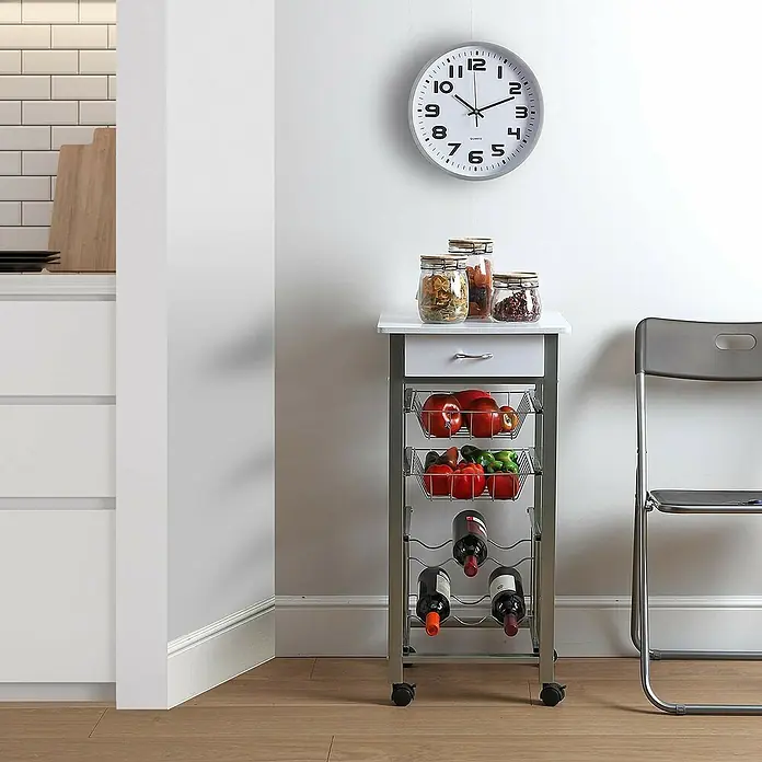 Versa Carro de cocina - L x An x Al: 40 x 40 x 82 cm, Blanco - Aquí hay un carrito de cocina con frutas, verduras y vino, que proporciona almacenamiento y funcionalidad adicionales a su cocina.