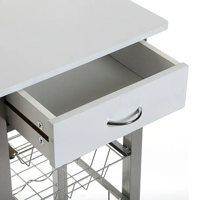 Versa Carro de cocina - L x An x Al: 40 x 40 x 82 cm, Blanco - Primer plano de un carro de cocina blanco con un cajón abierto y una estantería de alambre para guardar utensilios.