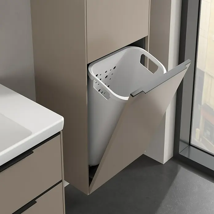 Villeroy & Boch Subway 3.0 Hochschrank - B x T x H: 40 x 36,2 x 171 cm, 1x Klappe mit Wäschekorb, 1x Tür, Taupe, Farbe Griff: Volcano black, DIN Anschlag: Rechts - Schrank mit herausnehmbarem Wäschekorb. Praktische Lösung für Badezimmer oder Waschküche.