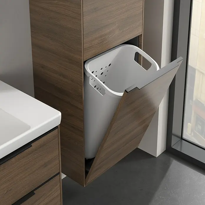 Villeroy & Boch Subway 3.0 Hochschrank - B x T x H: 40 x 36,2 x 171 cm, 1x Klappe mit Wäschekorb, 1x Tür, Arizona Oak, Farbe Griff: Volcano black, DIN Anschlag: Rechts - Schrank mit integriertem Wäschekorb: Eine stilvolle und praktische Lösung für das Badezimmer, der den Raum sauber und ordentlich hält.